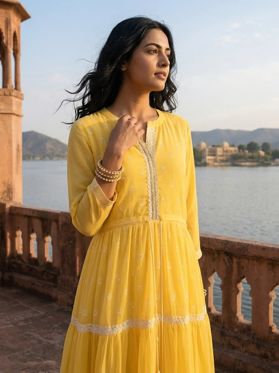 Yellow Georgette Turquoise Lace Trim Embroidered Dress - Image 4