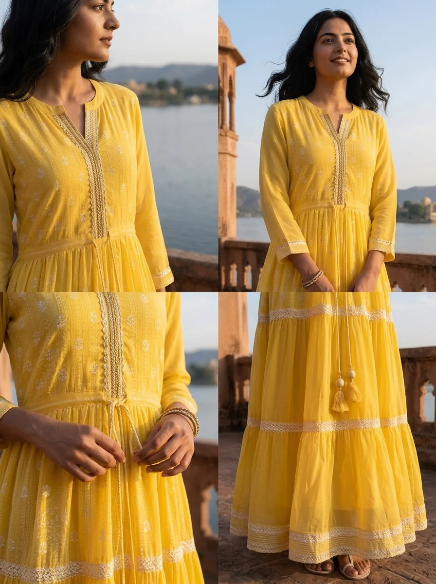 Yellow Georgette Turquoise Lace Trim Embroidered Dress - Image 5