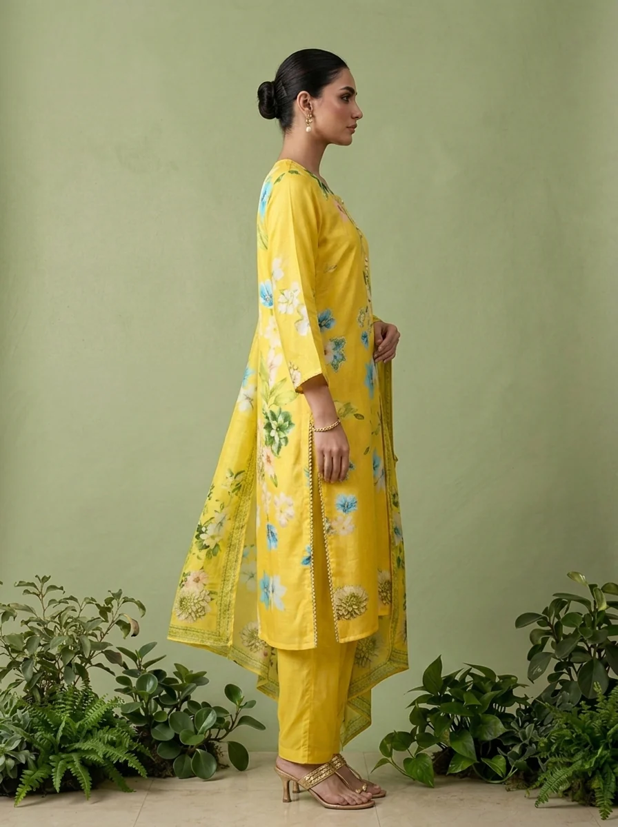 Yellow Linen Heavy Floral Printed Three Piece Set - Image 2