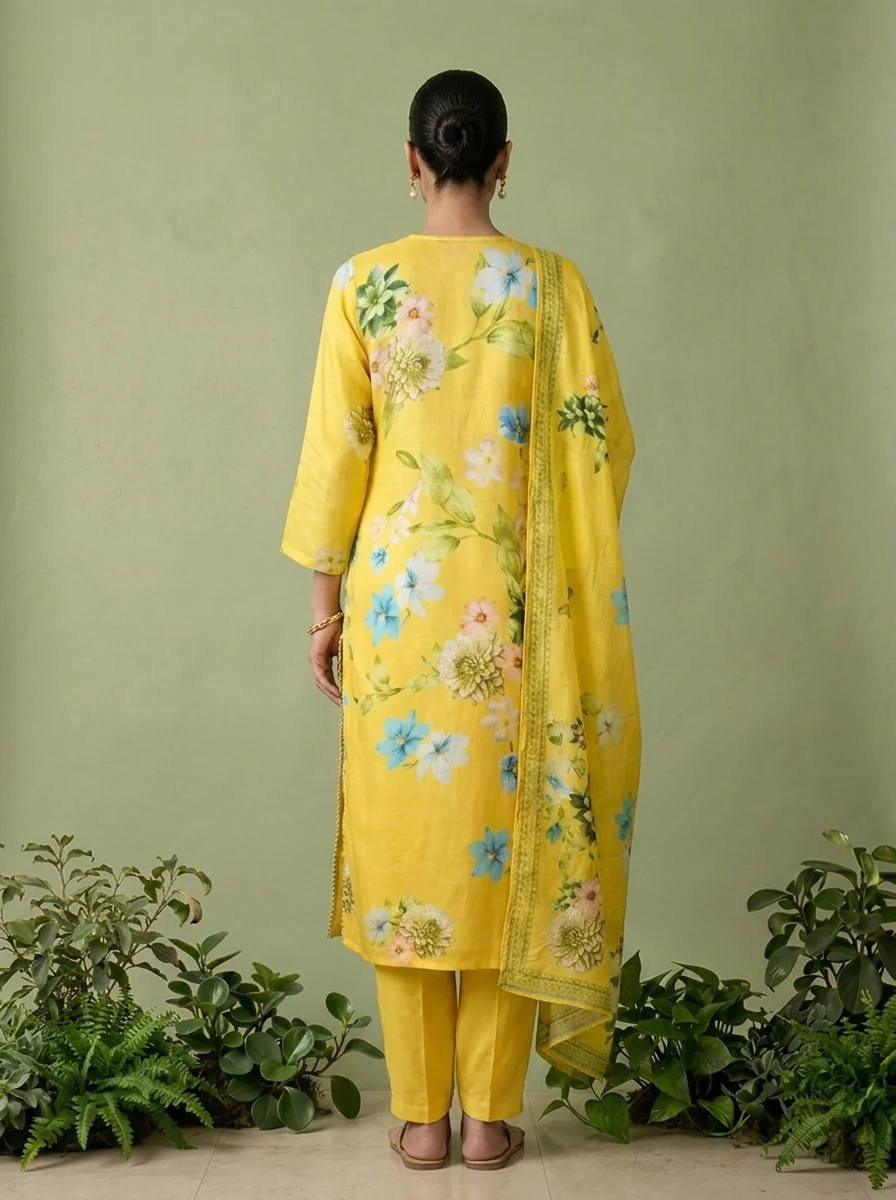 Yellow Linen Heavy Floral Printed Three Piece Set - Image 3