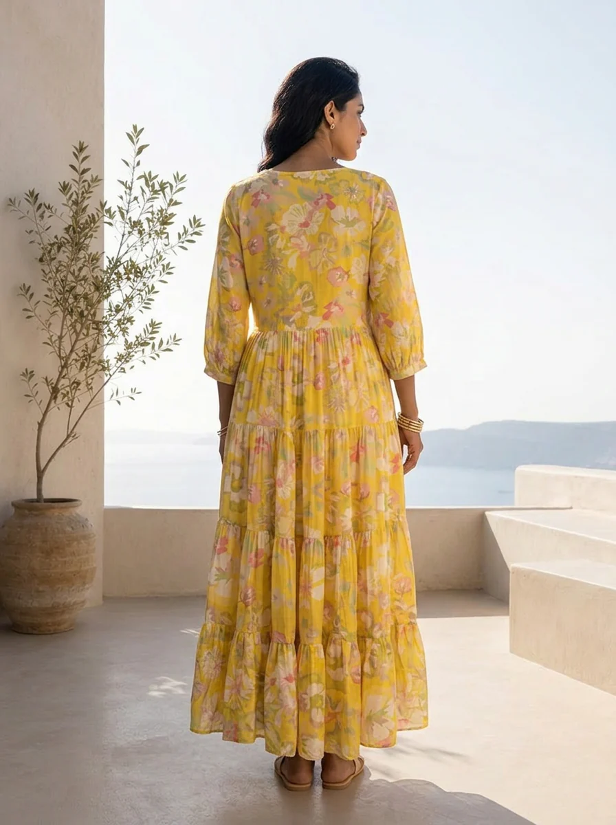 Yellow Muslin Fabric Printed And Pleated Design Long Dress - Image 2