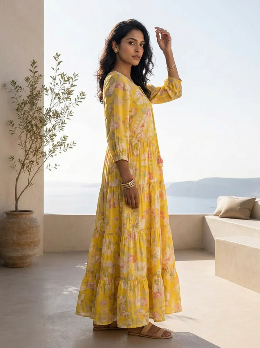 Yellow Muslin Fabric Printed And Pleated Design Long Dress - Image 3
