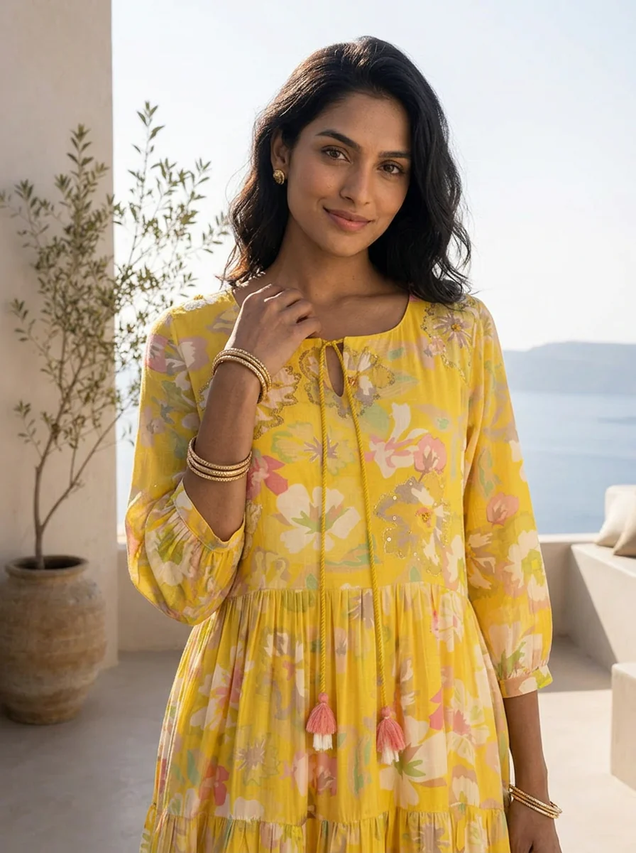Yellow Muslin Fabric Printed And Pleated Design Long Dress - Image 4