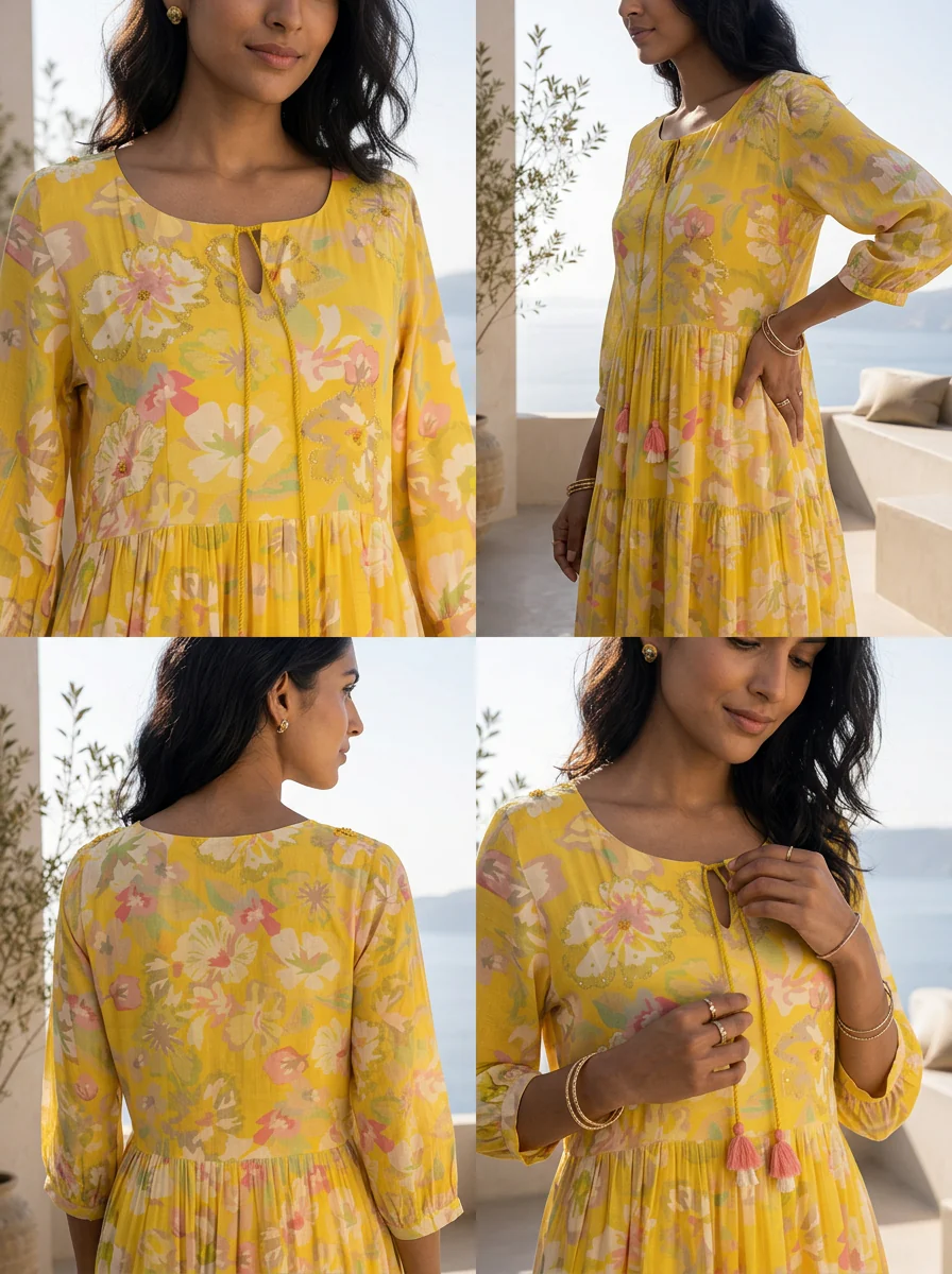Yellow Muslin Fabric Printed And Pleated Design Long Dress - Image 5
