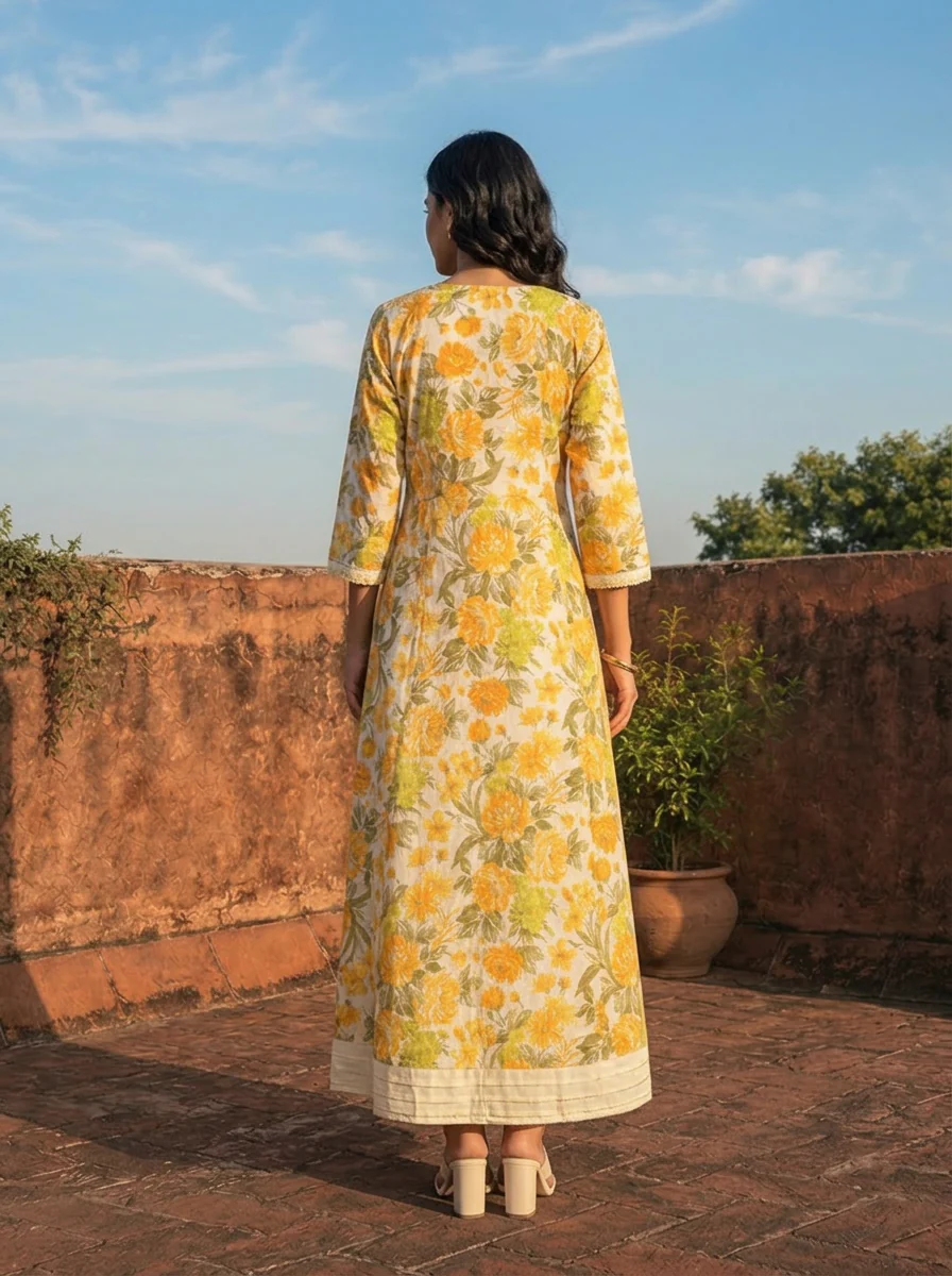 Yellow Muslin Floral Blossom Printed Dress - Image 2