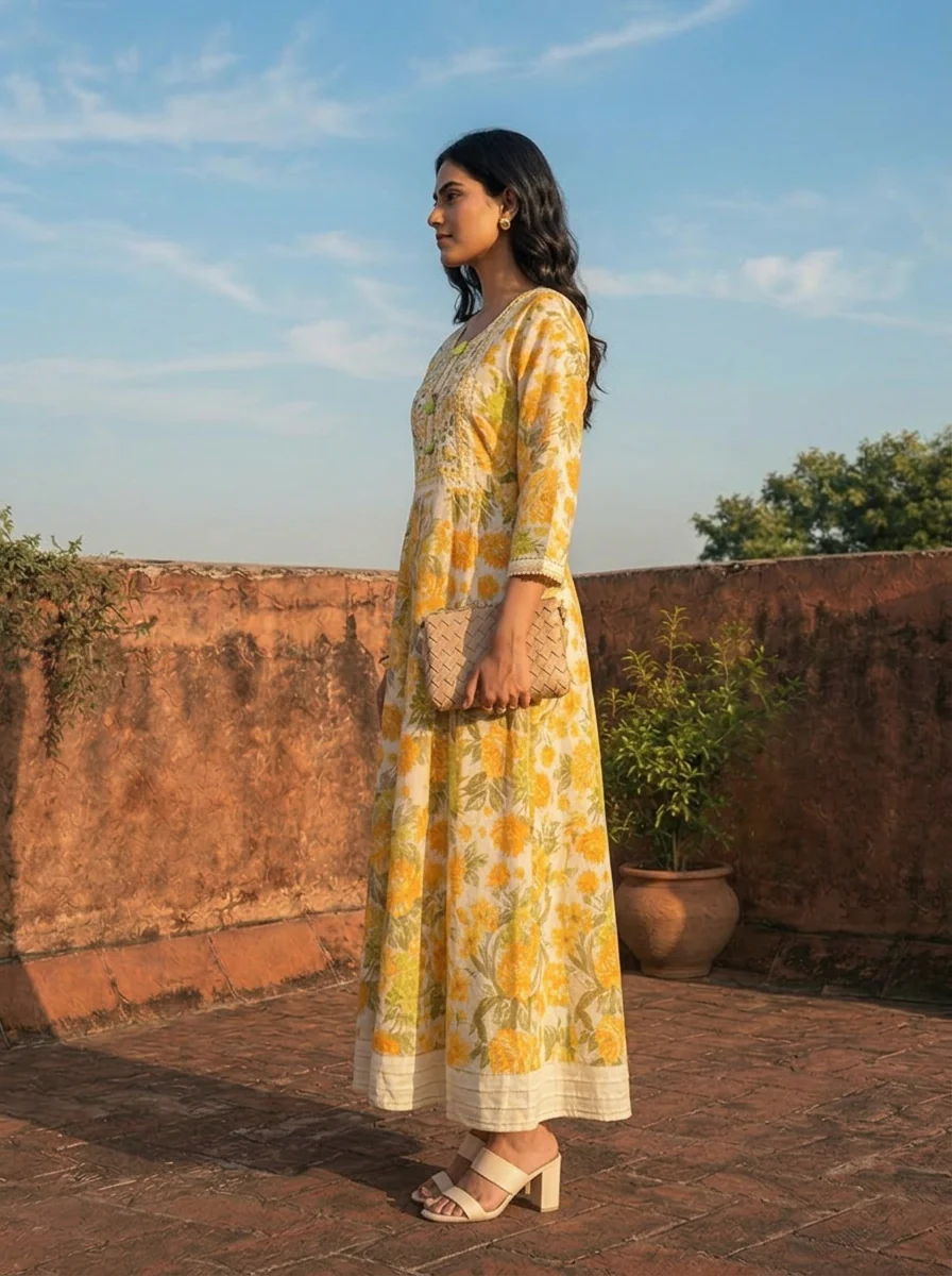 Yellow Muslin Floral Blossom Printed Dress - Image 3