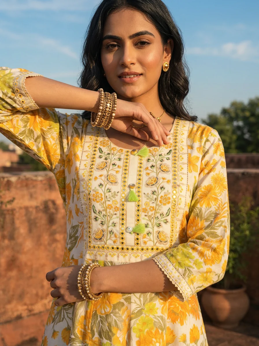 Yellow Muslin Floral Blossom Printed Dress - Image 4