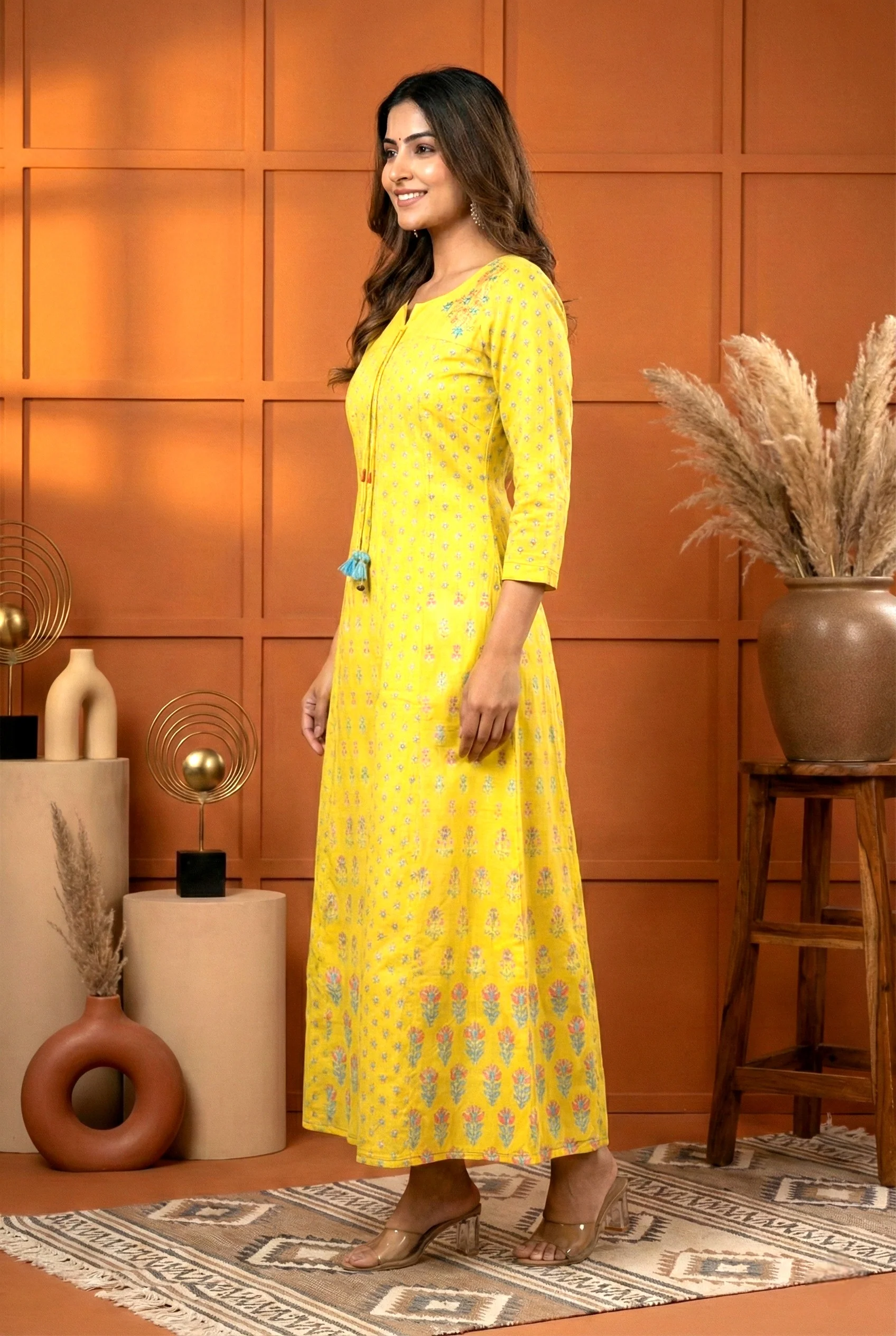 Yellow Muslin Floral Printed Long Dress - Image 2