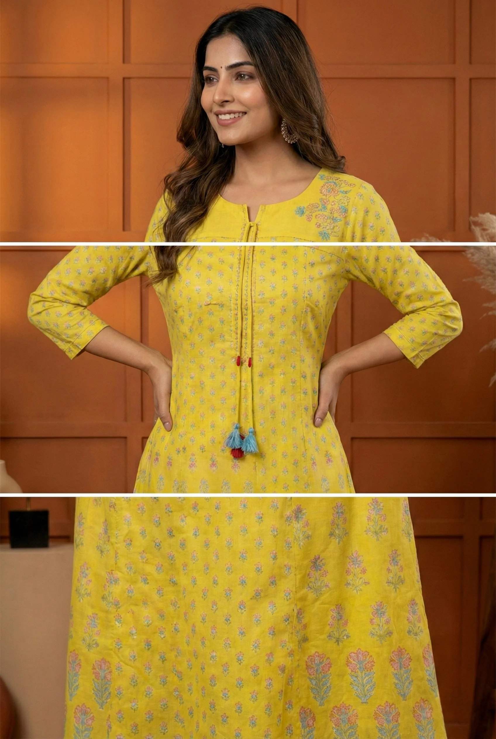 Yellow Muslin Floral Printed Long Dress - Image 3