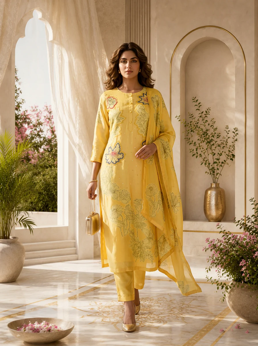 Yellow Muslin Floral Printed Three Piece Set - Image 2