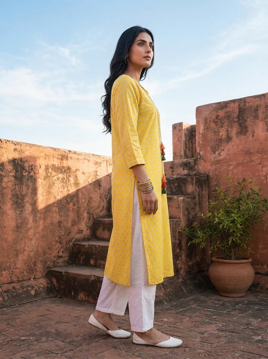 Yellow Muslin Micro Floral Printed Kurta - Image 3