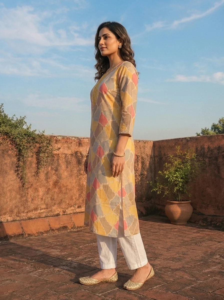 Yellow Muslin Mosaic Printed Kurta - Image 3
