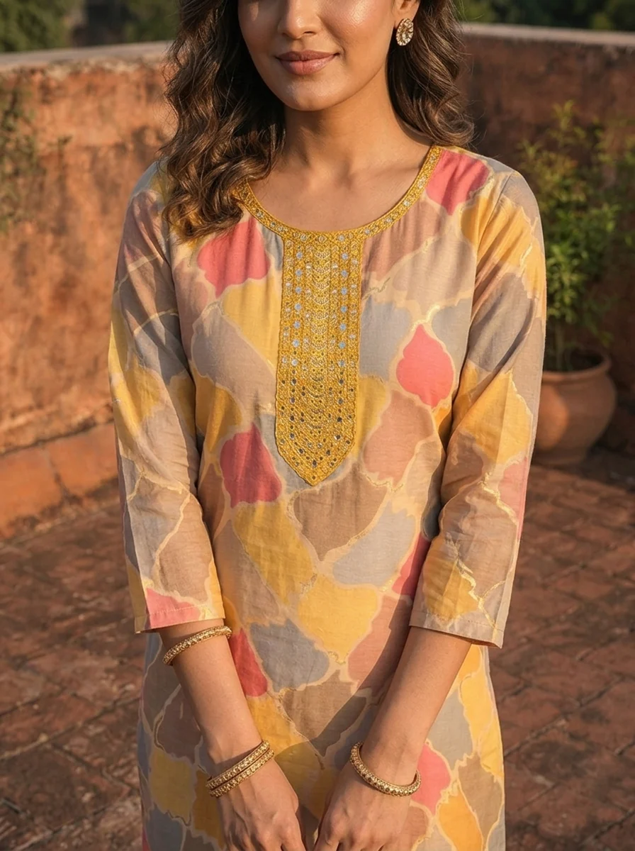 Yellow Muslin Mosaic Printed Kurta - Image 4