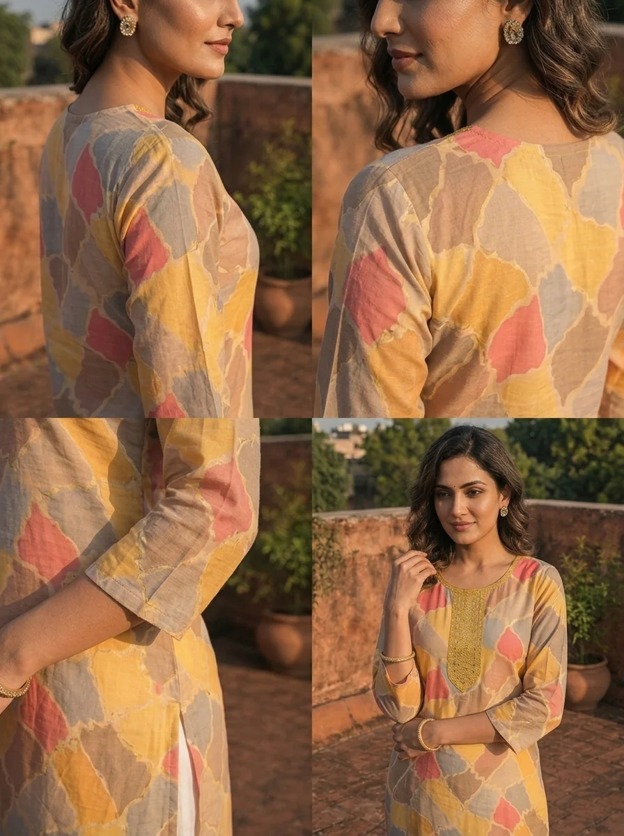 Yellow Muslin Mosaic Printed Kurta - Image 5