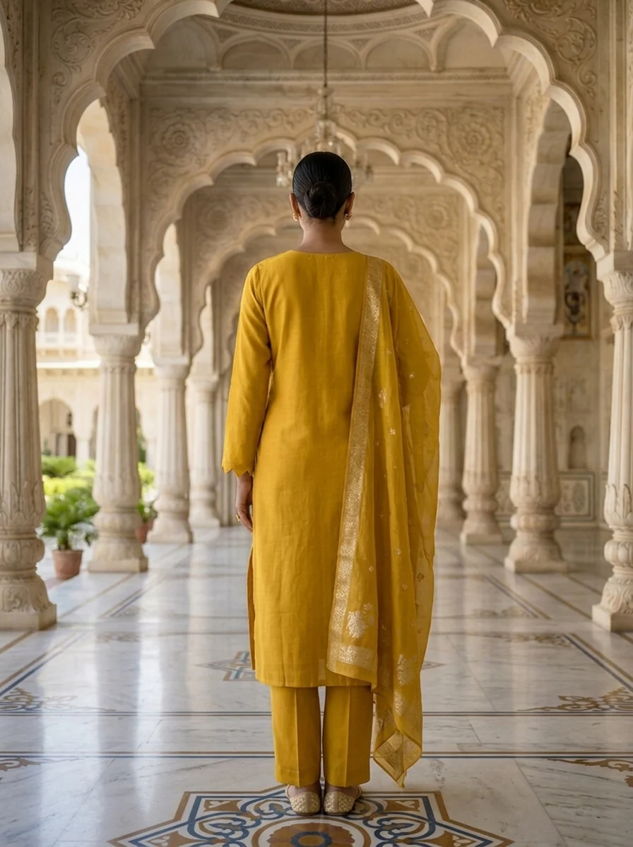 Yellow Muslin Sequins Embroidered Three Piece Set - Image 2