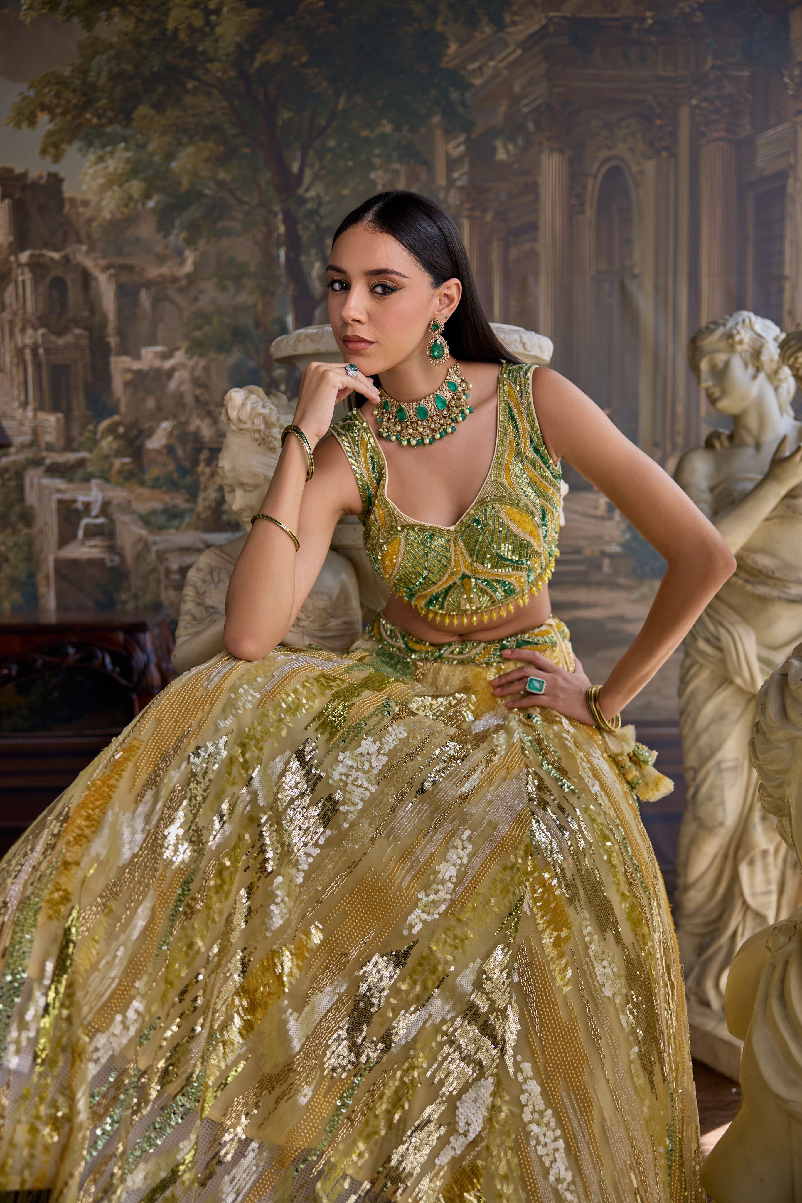 Yellow Net Heavy Sequins and Embroidered Ghagra set - Image 3