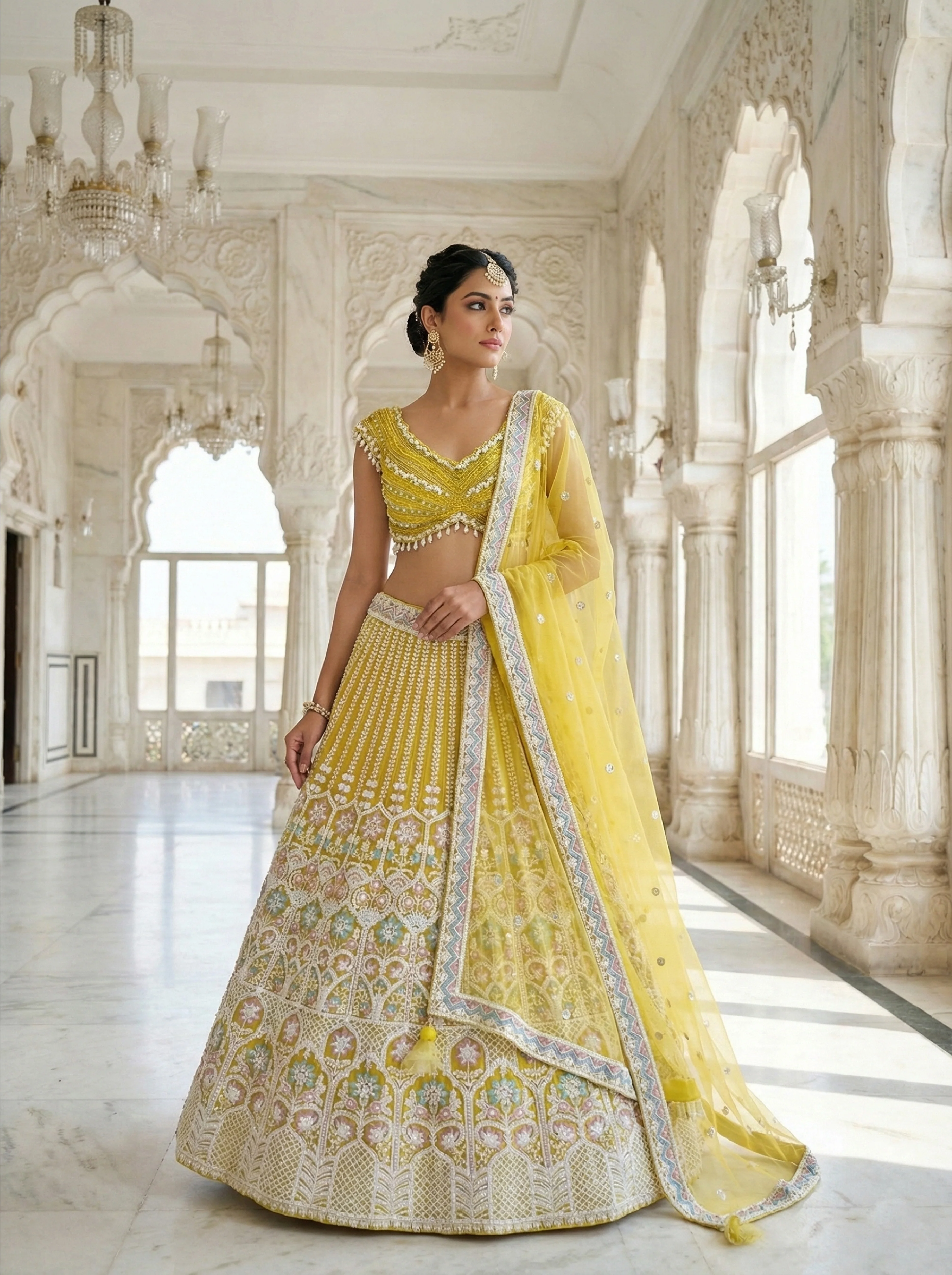 Yellow Net Sequins And Stone Embroidery Ghagra Set