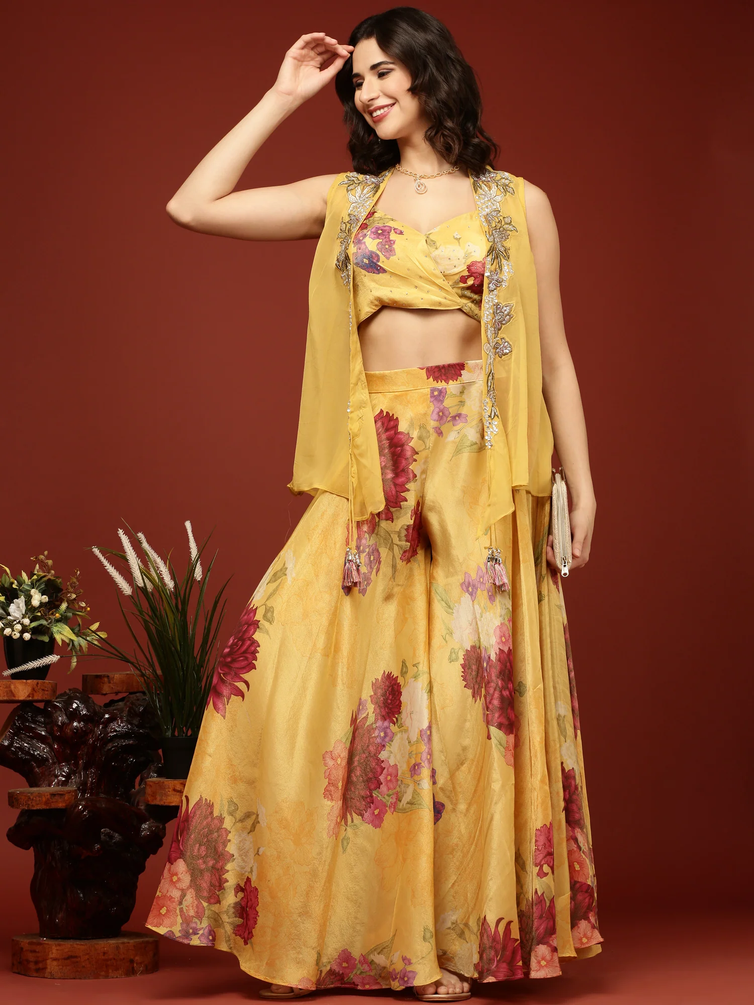 Yellow Organza Crop Top Palazzo Set - Image 6