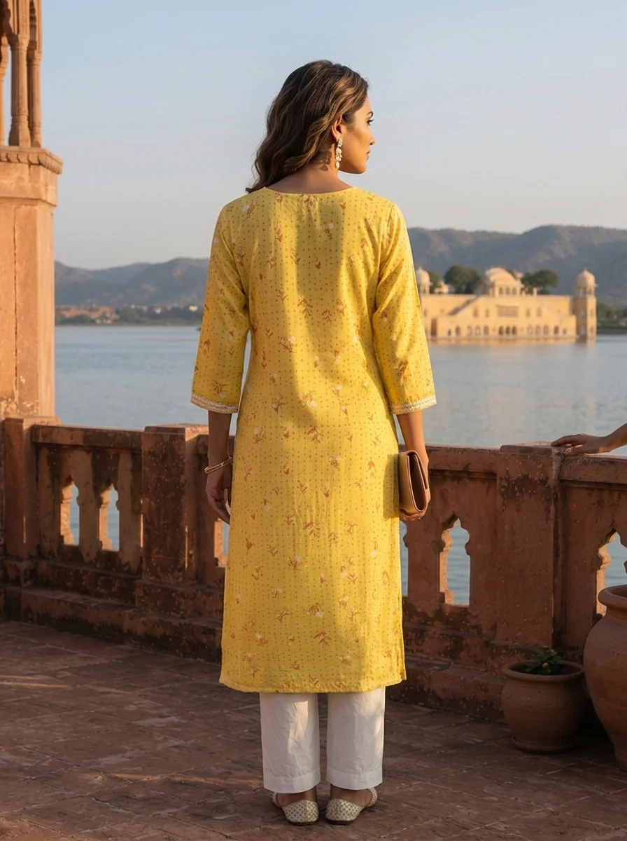 Yellow Rayon Floral Buti Printed Kurta - Image 2