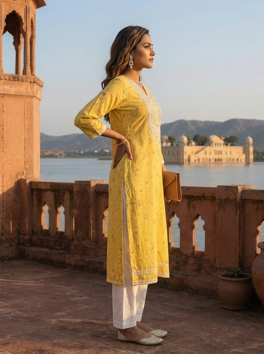 Yellow Rayon Floral Buti Printed Kurta - Image 3