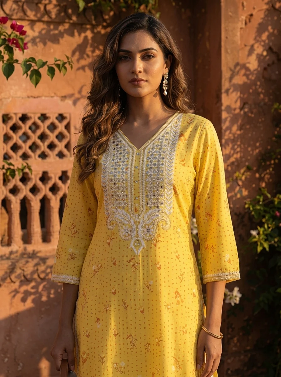 Yellow Rayon Floral Buti Printed Kurta - Image 4