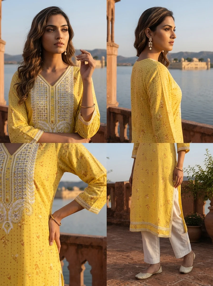 Yellow Rayon Floral Buti Printed Kurta - Image 5