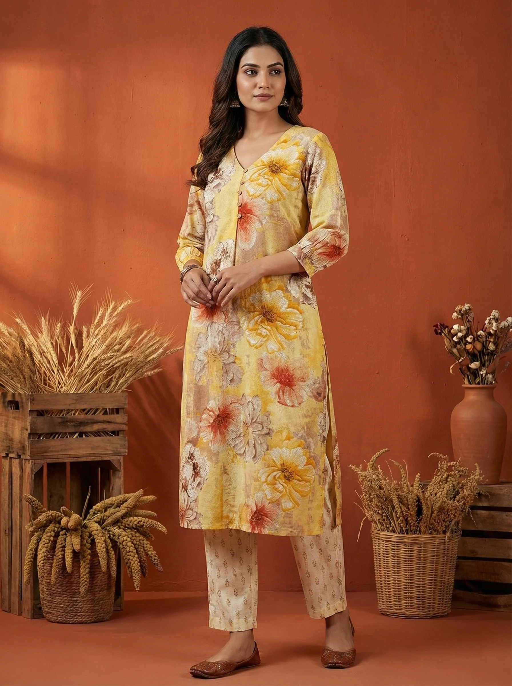 Yellow Rayon Floral Digital Print Kurta - Image 2
