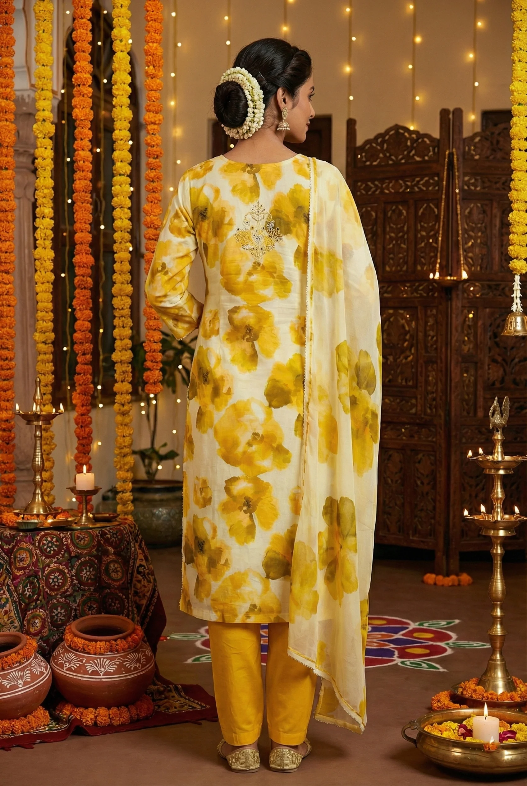 Yellow Rayon Floral Sequins And Beads Three Piece Set - Image 3
