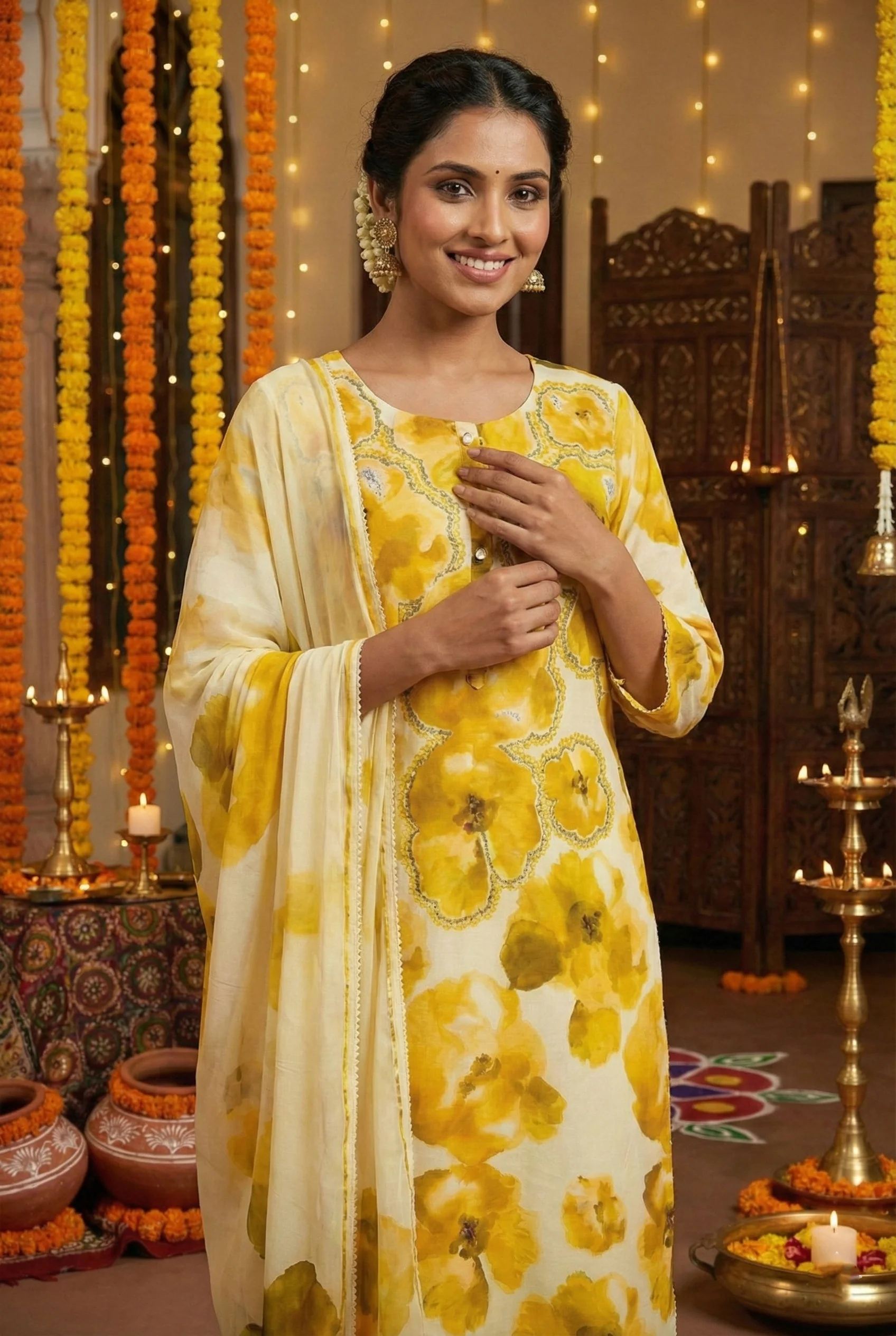 Yellow Rayon Floral Sequins And Beads Three Piece Set - Image 5
