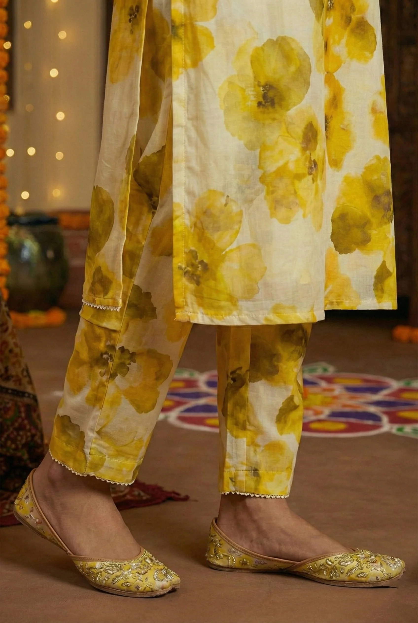 Yellow Rayon Floral Sequins And Beads Three Piece Set - Image 6