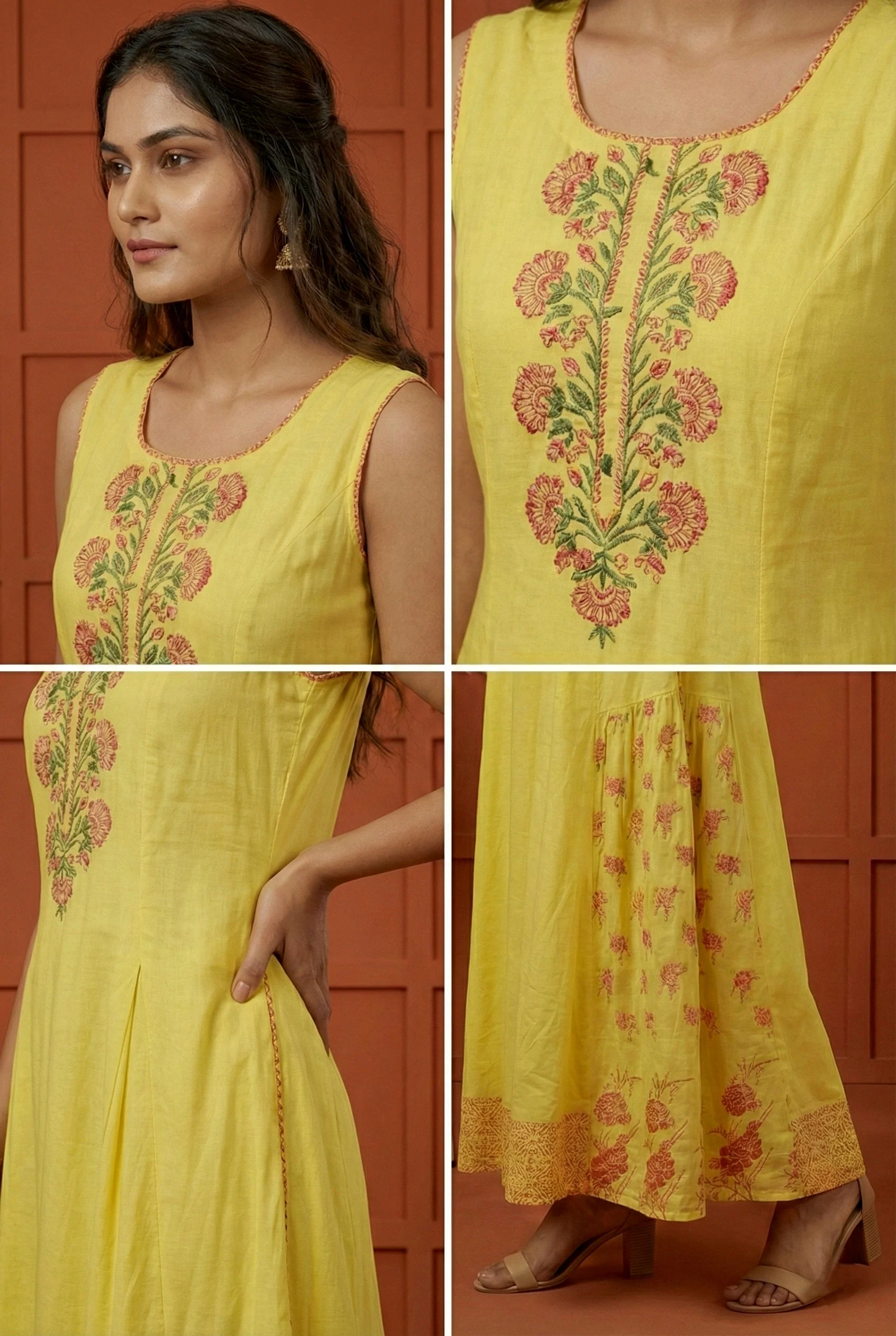 Yellow Rayon Floral Hand Embroidery Dress - Image 3