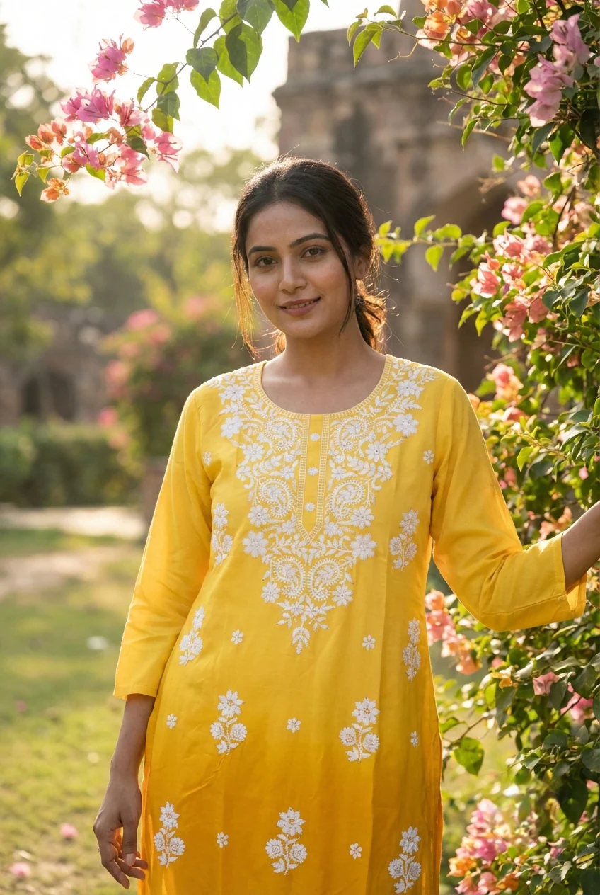 Yellow Rayon Floral Hand Embroidery Kurta - Image 2