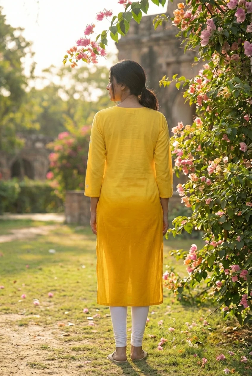 Yellow Rayon Floral Hand Embroidery Kurta - Image 3