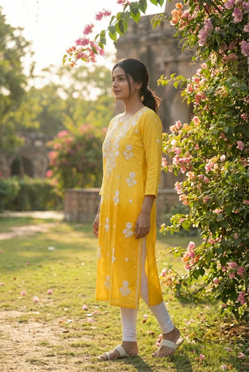 Yellow Rayon Floral Hand Embroidery Kurta - Image 4