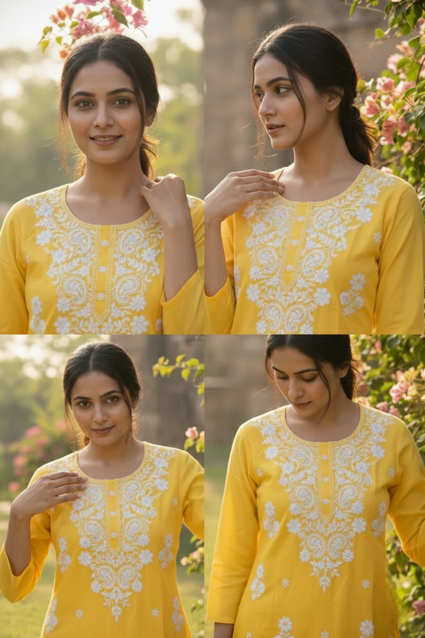 Yellow Rayon Floral Hand Embroidery Kurta - Image 5