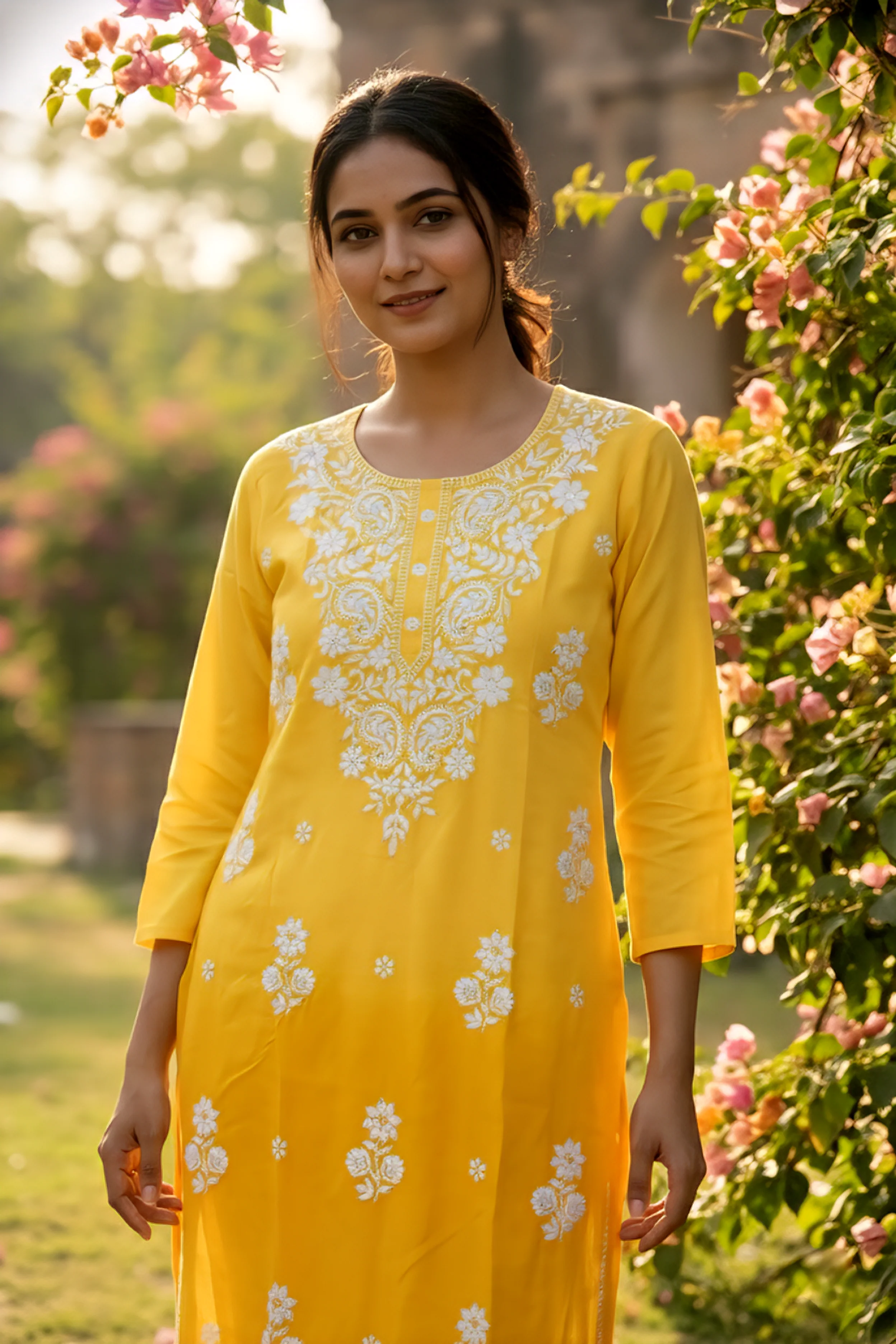 Yellow Rayon Floral Hand Embroidery Kurta - Image 6