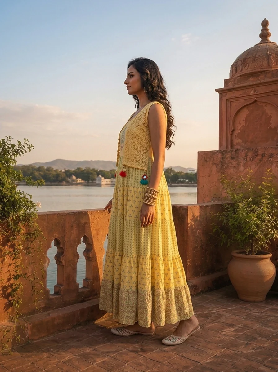 Yellow Rayon Multicolor Ethnic Printed Dress - Image 3