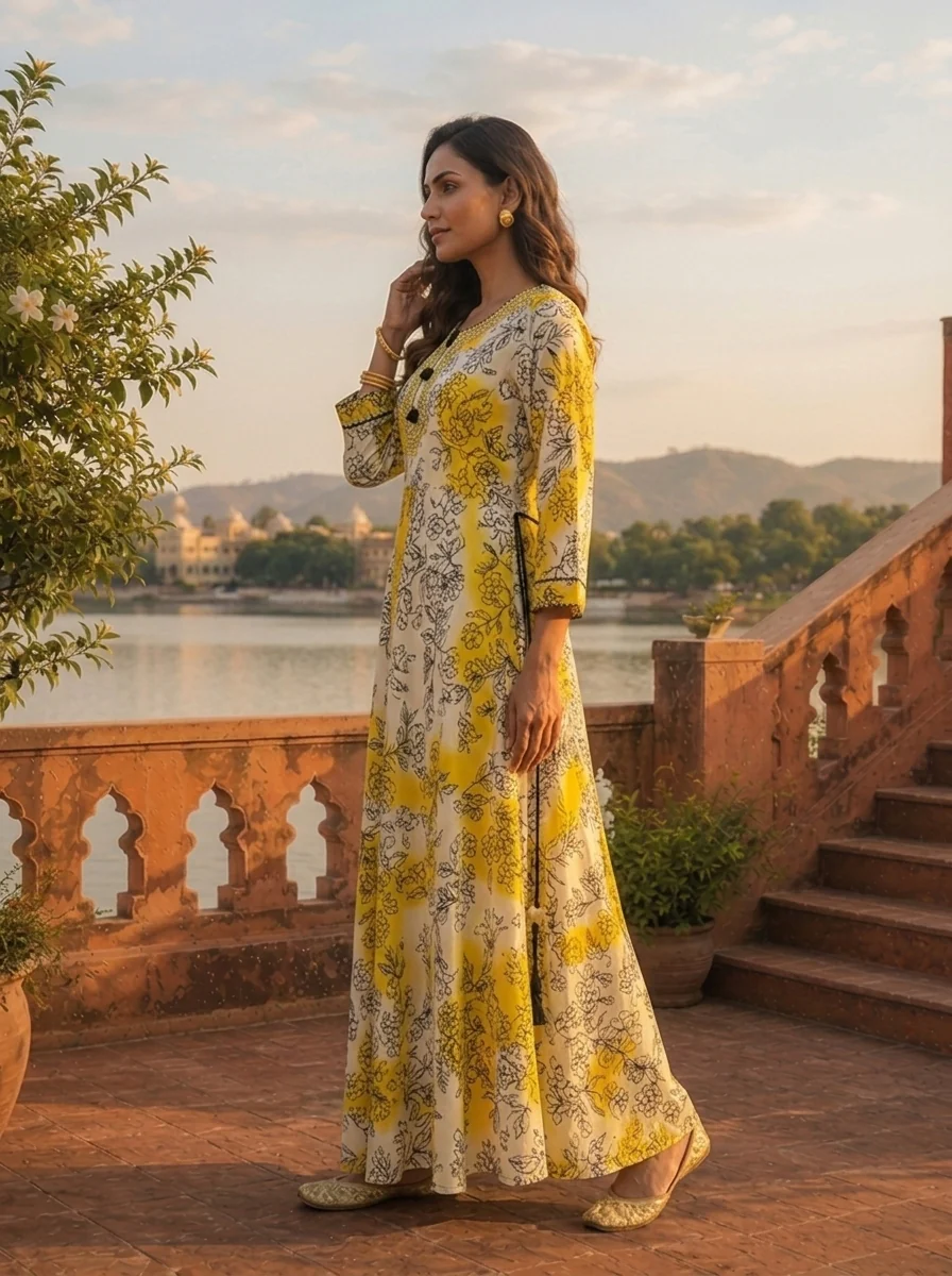Yellow Rayon Ombre Floral Printed Long Dress - Image 3