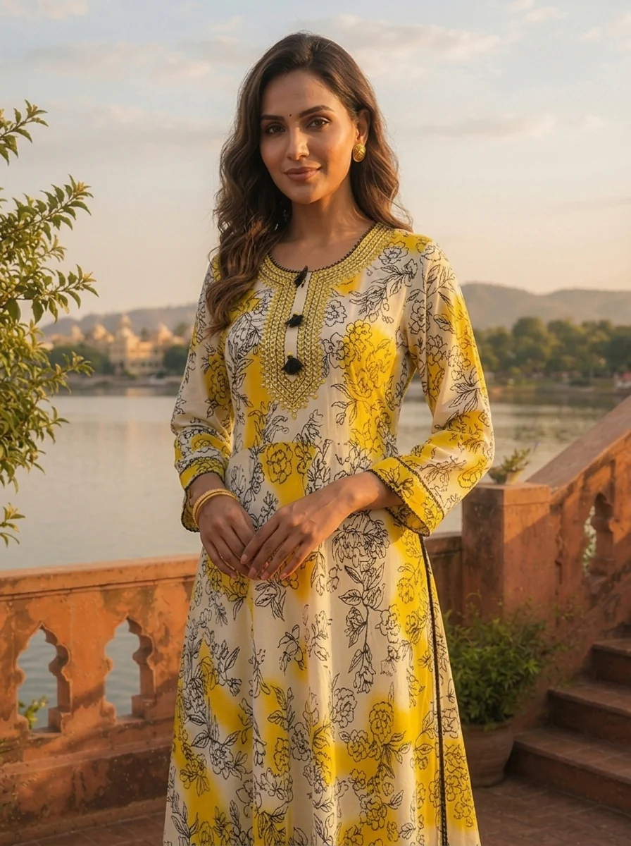 Yellow Rayon Ombre Floral Printed Long Dress - Image 4