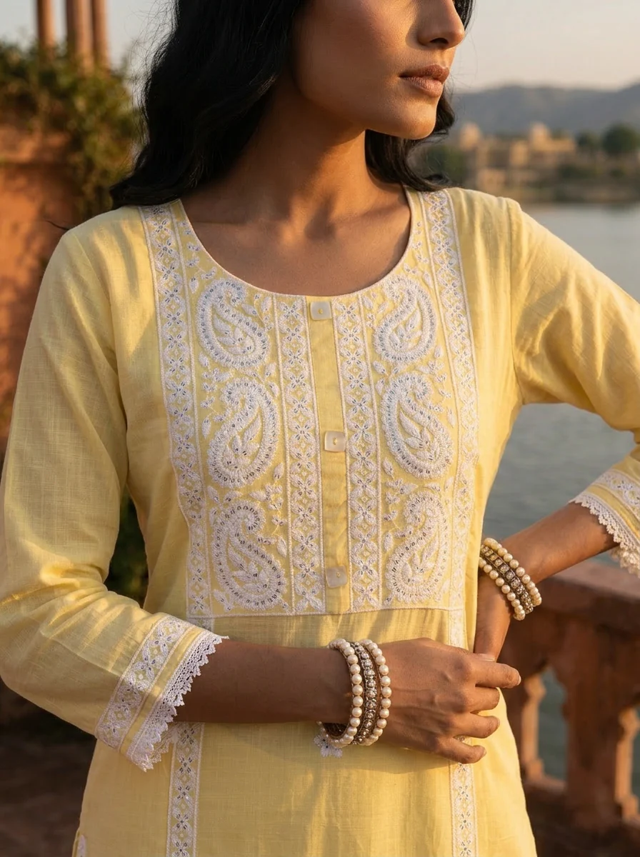 Yellow Rayon Paisley And Floral Motifs Embroidered Kurta - Image 4