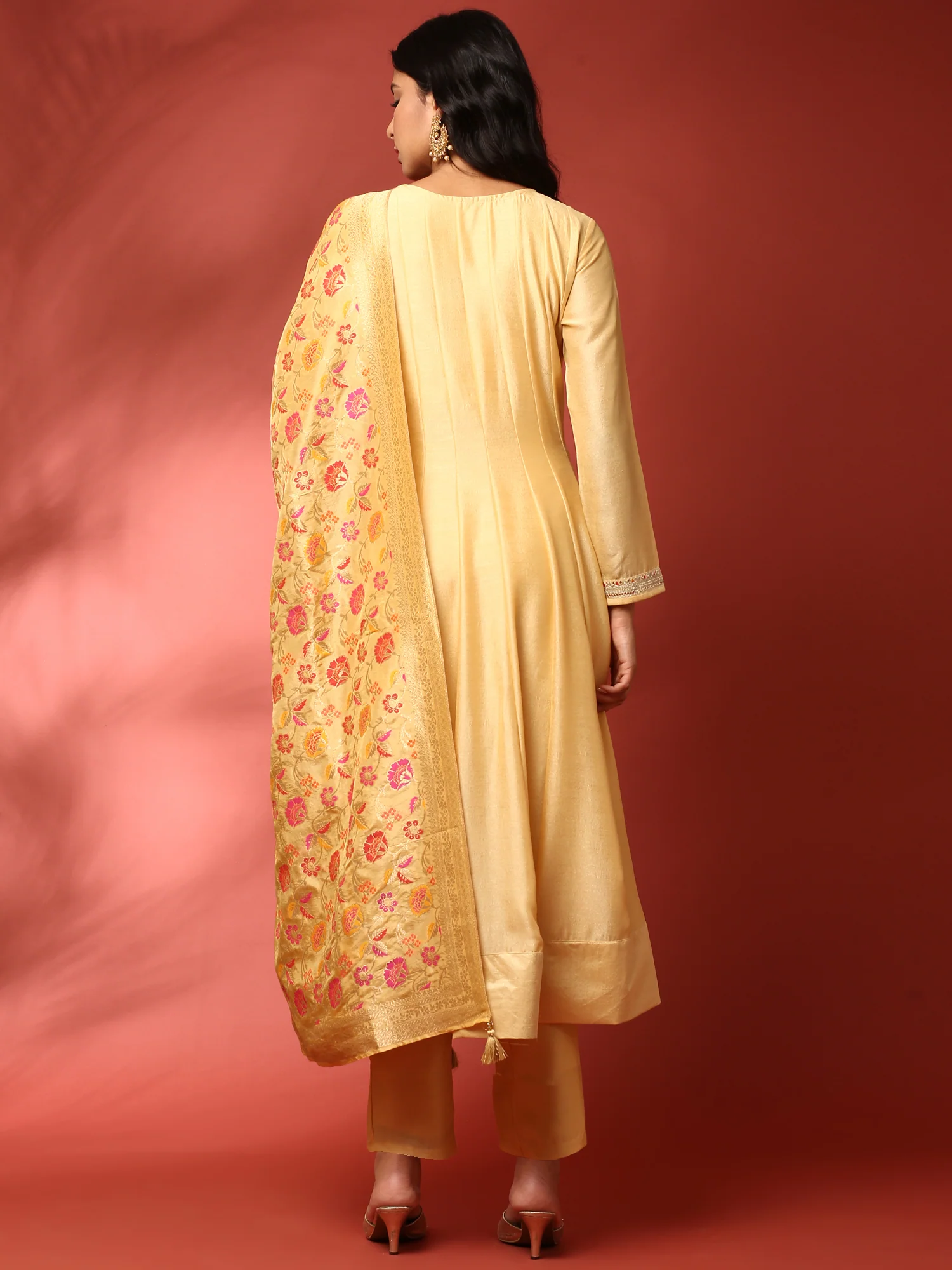 Yellow silk embroidered Three piece anarkali set - Image 4