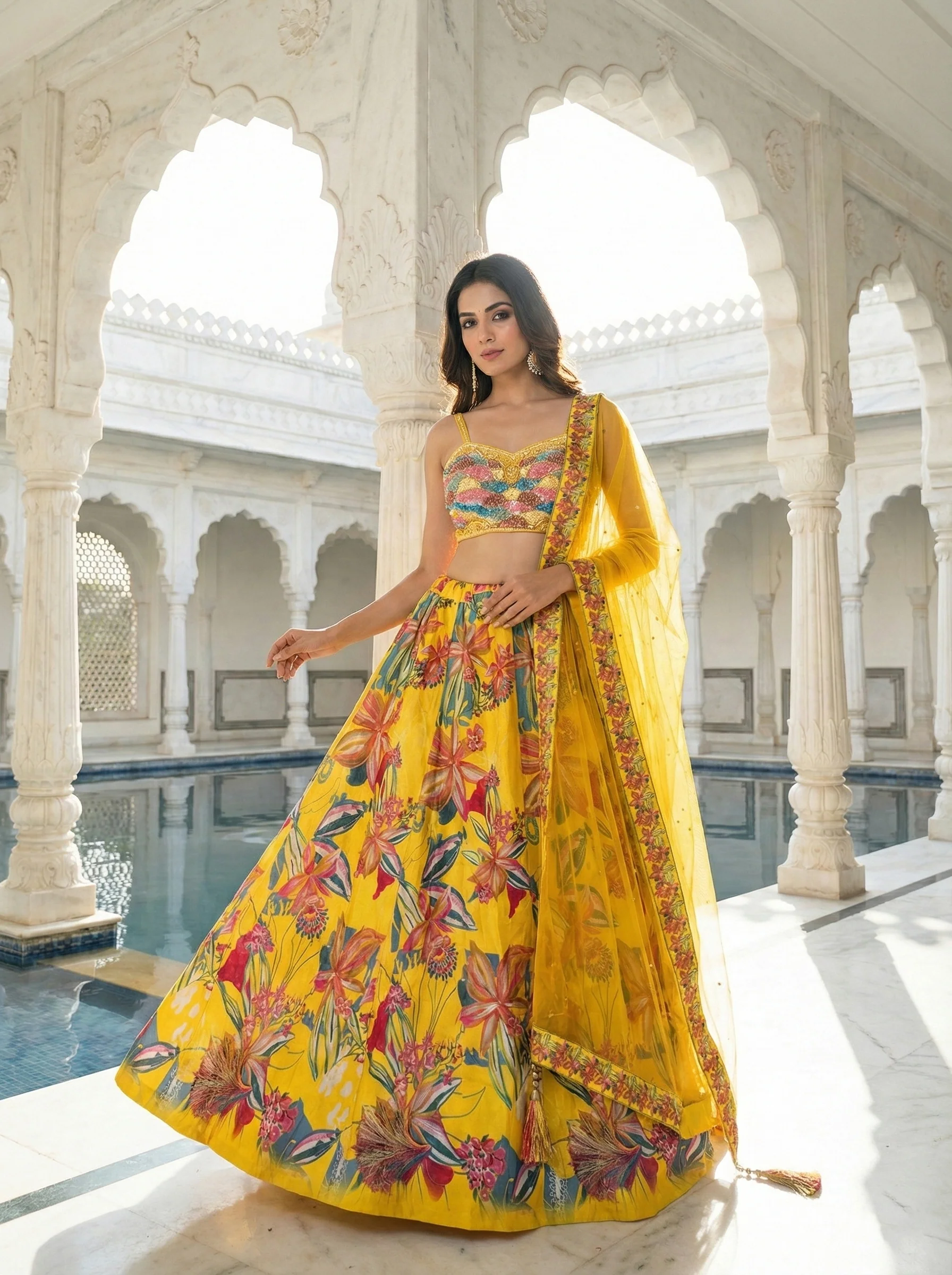 Yellow Silk Floral Printed Ghagra Set - Image 2