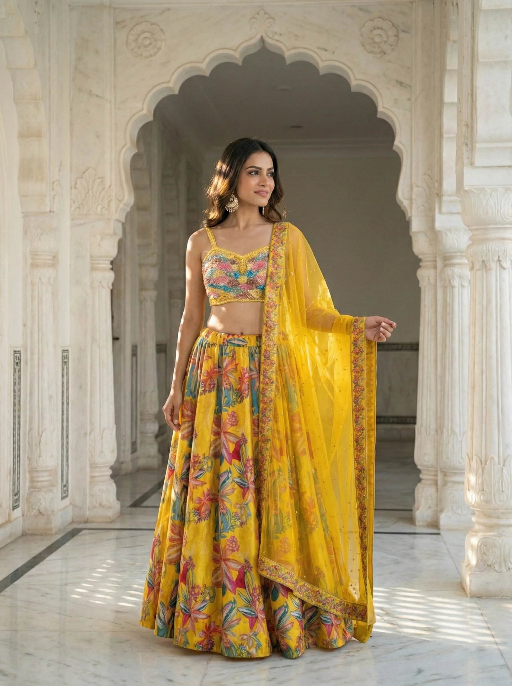 Yellow Silk Floral Printed Ghagra Set - Image 3