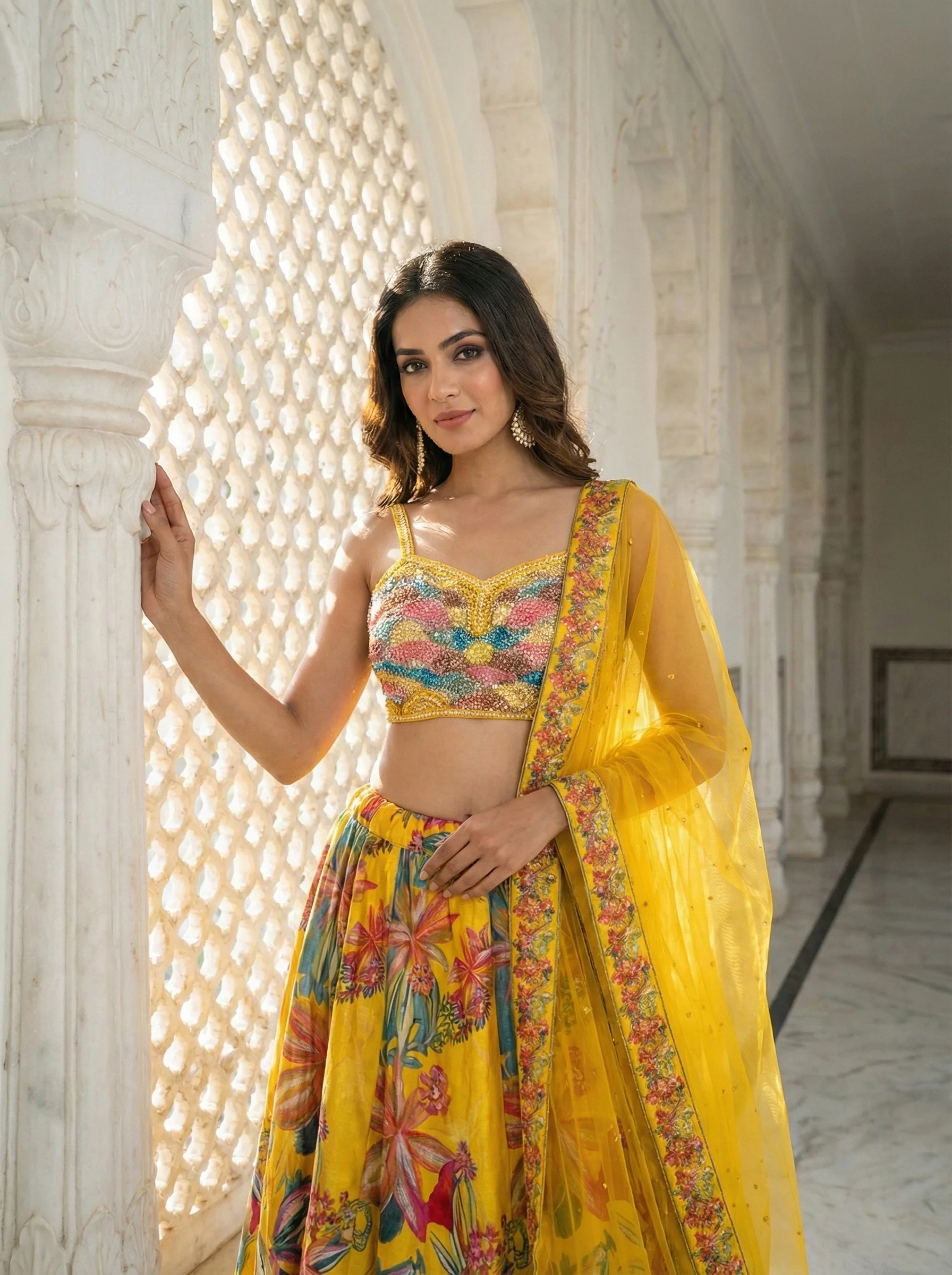Yellow Silk Floral Printed Ghagra Set - Image 4