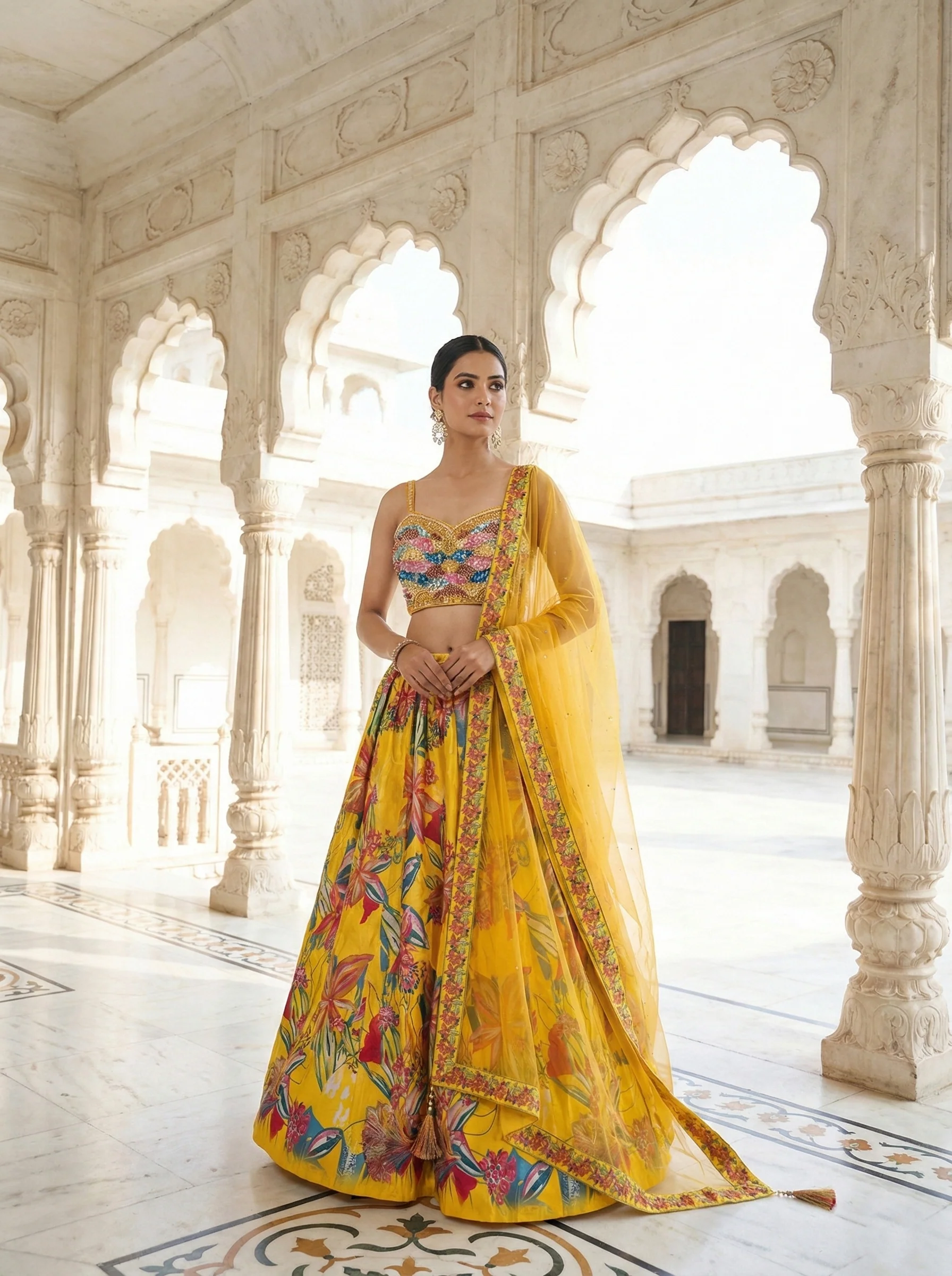 Yellow Silk Floral Printed Ghagra Set - Image 5