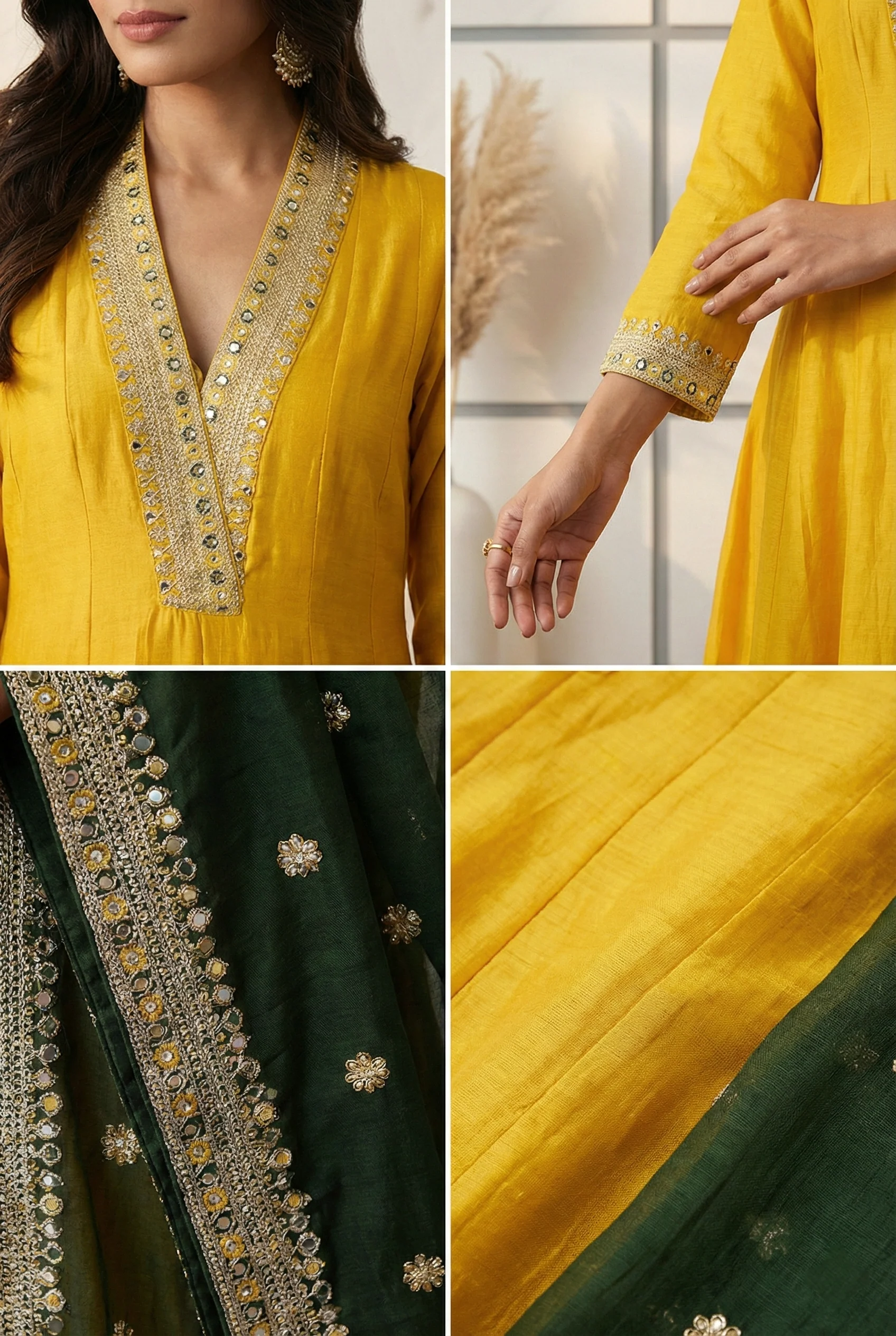 Yellow Silk Hand Embroidery Three Piece Set - Image 3