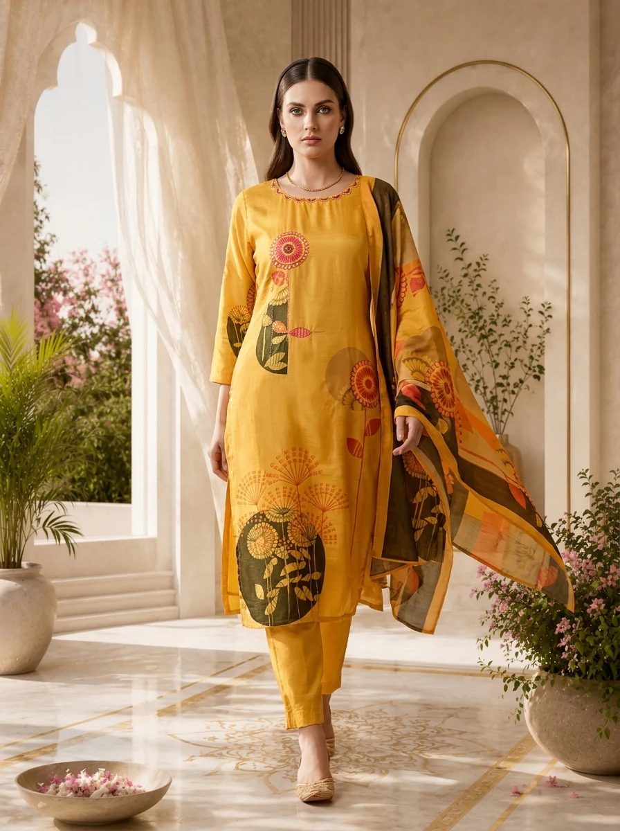 Yellow Silk Sequins Embroidery And Floral Digital Printed Three Piece Set - Image 2
