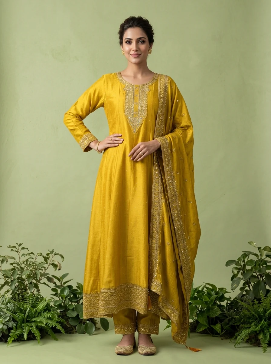 Yellow Silk Zari Embroidery Three Piece Set - Image 2