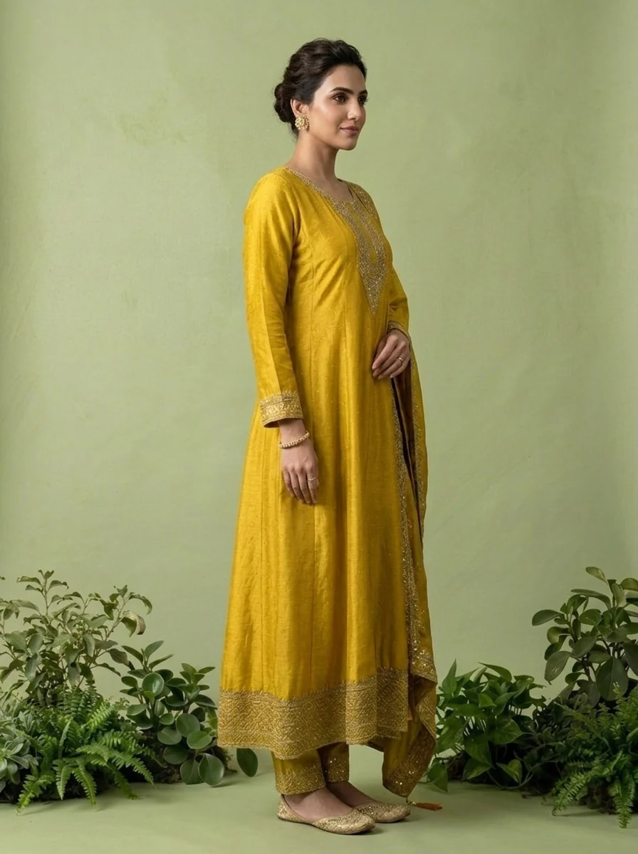 Yellow Silk Zari Embroidery Three Piece Set - Image 3