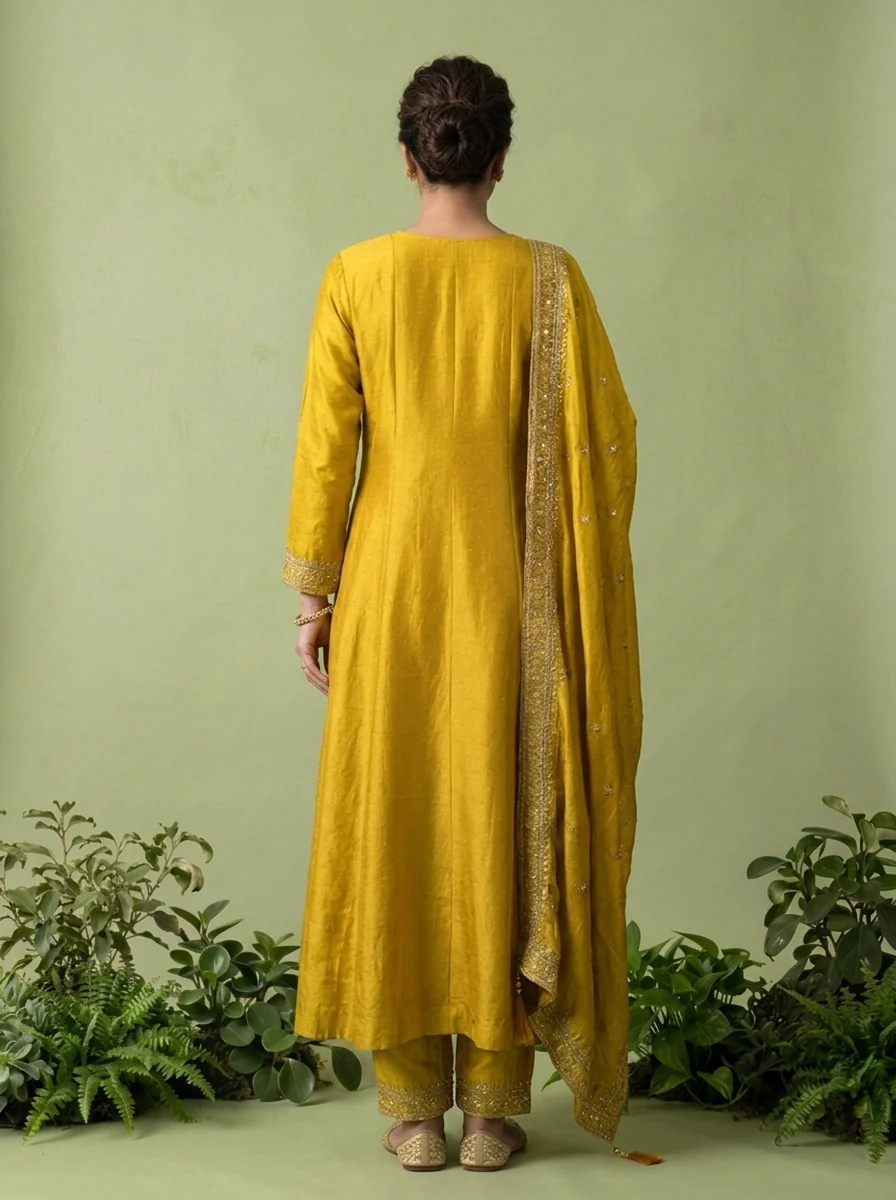 Yellow Silk Zari Embroidery Three Piece Set - Image 4